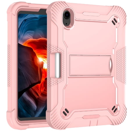 ELEHOLD for For iPad mini 7 (A17 Pro)2024/6th Rugged Case, Heavy Duty Shockproof 3-Layer Multi-Functional Hard Plastic+PC Inner+Soft Silicone Frame Case with Built-in Kicsktand Pen Holder,Rosegold