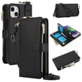 thumbnail image 1 of ELEHOLD For iPhone 11 Phone Case Leather Crossbody Zipper Card Wallet Flip Case Kickstand Cover, with Ring Holder,Full Body Protection-Black, 1 of 7