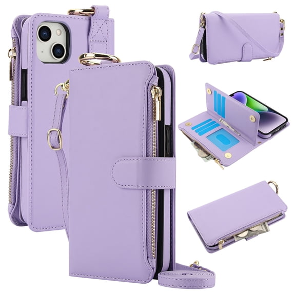 ELEHOLD For iPhone 11 Phone Case Leather Crossbody Zipper Card Wallet Flip Case Kickstand Cover, with Ring Holder,Full Body Protection-Violet
