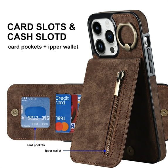 ELEHOLD For iPhone 12 Pro Max, Wallet Case with Card Slot Holder,RFID Blocking,Built-in 360°Rotating Ring Kickstand Zipper Retro Purse Shockproof Case Cover, brown