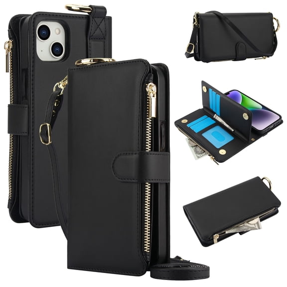 ELEHOLD For iPhone 13 Phone Case Leather Crossbody Zipper Card Wallet Flip Case Kickstand Cover, with Ring Holder,Full Body Protection-Black