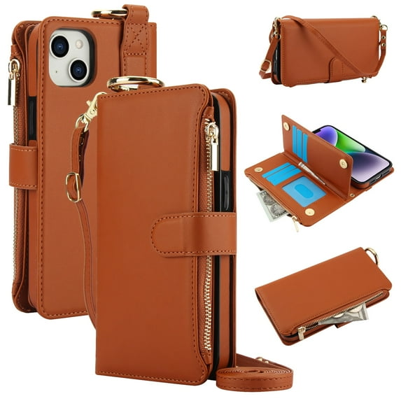 ELEHOLD For iPhone 13 Phone Case Leather Crossbody Zipper Card Wallet Flip Case Kickstand Cover, with Ring Holder,Full Body Protection-Brown