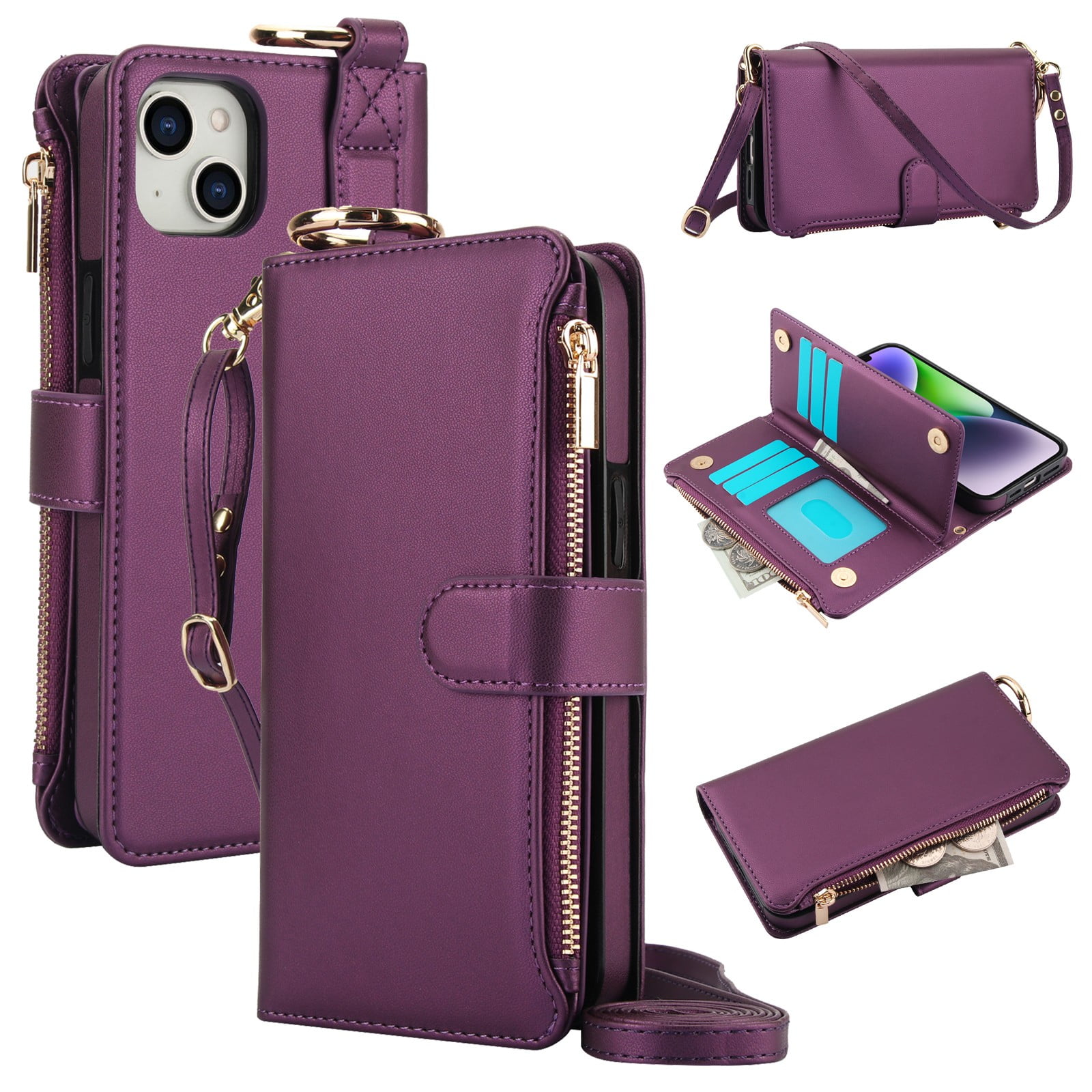 ELEHOLD For iPhone 13 Phone Case Leather Crossbody Zipper Card Wallet Flip Case Kickstand Cover, with Ring Holder,Full Body Protection-Deeppurple