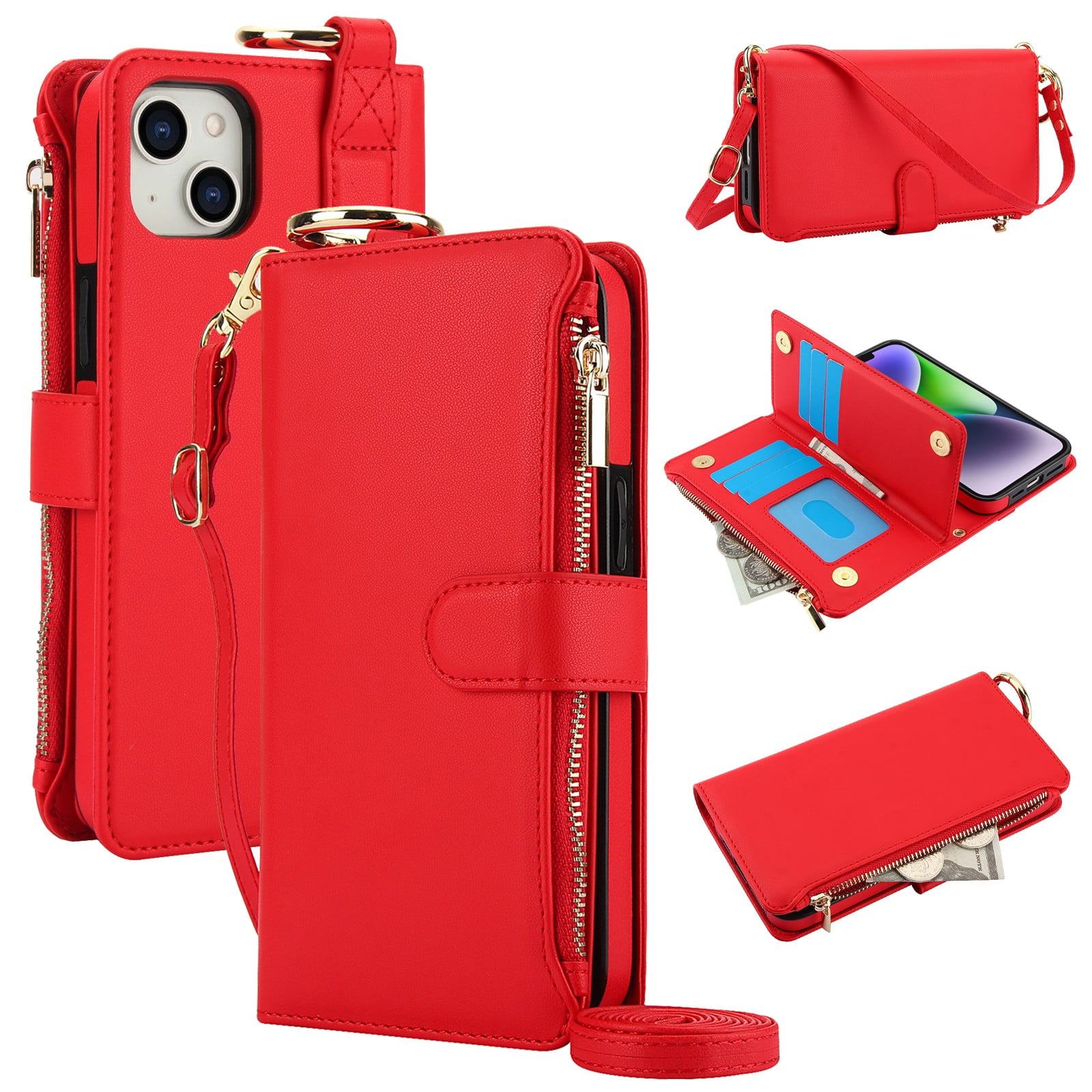 ELEHOLD For iPhone 13 Phone Case Leather Crossbody Zipper Card Wallet Flip Case Kickstand Cover, with Ring Holder,Full Body Protection-Red