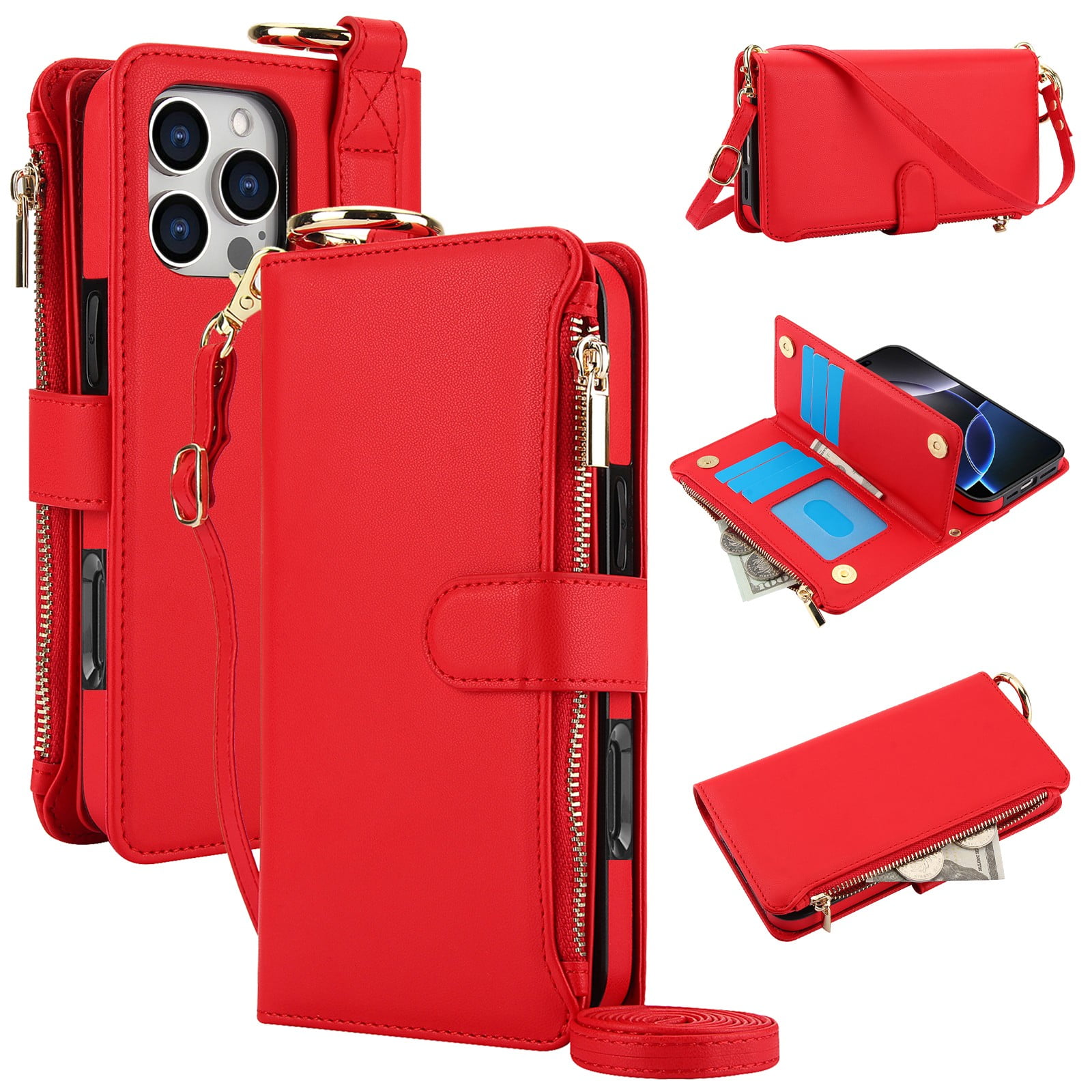 ELEHOLD For iPhone 13 Pro Max Phone Case Leather Crossbody Zipper Card Wallet Flip Case Kickstand Cover, with Ring Holder,Full Body Protection-Red