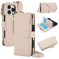 thumbnail image 1 of ELEHOLD For iPhone 13 Pro Max Phone Case Leather Crossbody Zipper Card Wallet Flip Case Kickstand Cover, with Ring Holder,Full Body Protection-White, 1 of 7