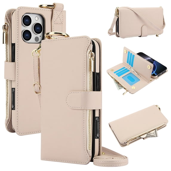 ELEHOLD For iPhone 13 Pro Max Phone Case Leather Crossbody Zipper Card Wallet Flip Case Kickstand Cover, with Ring Holder,Full Body Protection-White