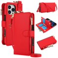 thumbnail image 1 of ELEHOLD For iPhone 13 Pro Phone Case Leather Crossbody Zipper Card Wallet Flip Case Kickstand Cover, with Ring Holder,Full Body Protection-Red, 1 of 7