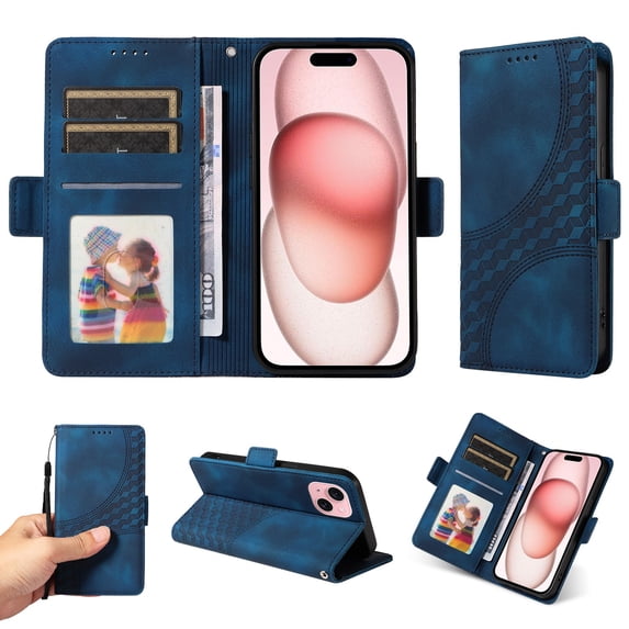 ELEHOLD For iPhone 14 Leather Wallet Phone Case, Embossed Diamond Folio Flip Cover, Card Holder Cash Slot, Stand Support, Wrist Strap Lanyard -Blue