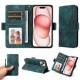 thumbnail image 1 of ELEHOLD For iPhone 14 Leather Wallet Phone Case, Embossed Diamond Folio Flip Cover, Card Holder Cash Slot, Stand Support, Wrist Strap Lanyard -Green, 1 of 10