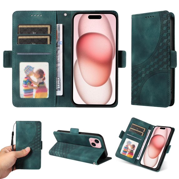 ELEHOLD For iPhone 14 Leather Wallet Phone Case, Embossed Diamond Folio Flip Cover, Card Holder Cash Slot, Stand Support, Wrist Strap Lanyard -Green