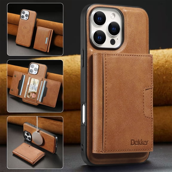 ELEHOLD For iPhone 14 PU Leather Magnetic Shockproof Case, MagSafe Compatible, with Magnetic Detachable Credit Card Wallet, Kickstand Function, Brown