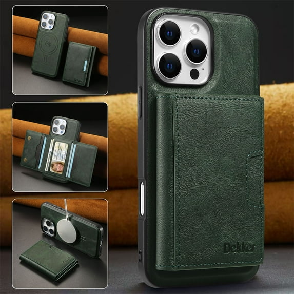 ELEHOLD For iPhone 14 PU Leather Magnetic Shockproof Case, MagSafe Compatible, with Magnetic Detachable Credit Card Wallet, Kickstand Function, Green