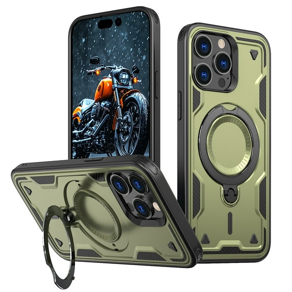 ELEHOLD For iPhone 14 Pro Max Ergonomic Design Military Grade Shockproof Protective Case Magnetic Ring Stand Rugged Cover, Non-Slip, Support Wireless Charging, Olivegreen
