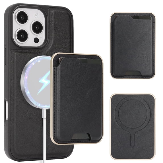 ELEHOLD For iPhone 15 Case with Magnetic Detachab Card Holder, Faux Leather Shockproof Cover Anti-Scratch Slim Wireless Charging Wallet Case , Black
