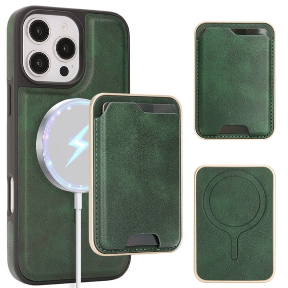 ELEHOLD For iPhone 15 Case with Magnetic Detachab Card Holder, Faux Leather Shockproof Cover Anti-Scratch Slim Wireless Charging Wallet Case , Green