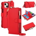 thumbnail image 1 of ELEHOLD For iPhone 15 Phone Case Leather Crossbody Zipper Card Wallet Flip Case Kickstand Cover, with Ring Holder,Full Body Protection-Red, 1 of 7