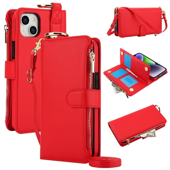 ELEHOLD For iPhone 15 Phone Case Leather Crossbody Zipper Card Wallet Flip Case Kickstand Cover, with Ring Holder,Full Body Protection-Red