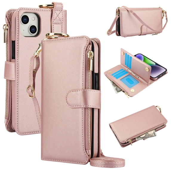 ELEHOLD For iPhone 15 Phone Case Leather Crossbody Zipper Card Wallet Flip Case Kickstand Cover, with Ring Holder,Full Body Protection-Rosegold