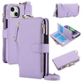 thumbnail image 1 of ELEHOLD For iPhone 15 Phone Case Leather Crossbody Zipper Card Wallet Flip Case Kickstand Cover, with Ring Holder,Full Body Protection-Violet, 1 of 7