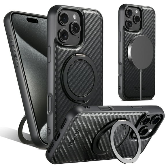 ELEHOLD For iPhone 15 Plus Case,Compatible with Mag Safe Accessories, Luxury PU Leather 360°Rotatable Magnetic Ring Kickstand Slim Light Case for iPhone 15 Plus,Black'Carbon Fiber)(