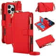 thumbnail image 1 of ELEHOLD For iPhone 15 Pro Max Phone Case Leather Crossbody Zipper Card Wallet Flip Case Kickstand Cover, with Ring Holder,Full Body Protection-Red, 1 of 7