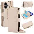 thumbnail image 1 of ELEHOLD For iPhone 16 Phone Case Leather Crossbody Zipper Card Wallet Flip Case Kickstand Cover, with Ring Holder,Full Body Protection-White, 1 of 7