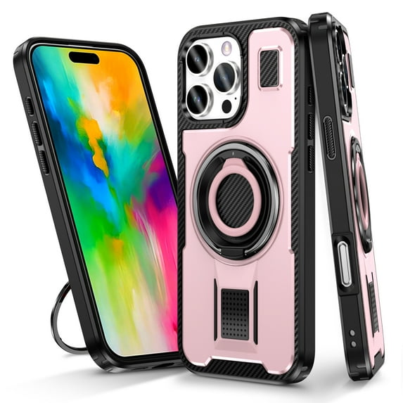 ELEHOLD For For iPhone 16 Plus Case, Military Grade Shockproof, Double Ring, Kickstand, Carbon Fiber Pattern, Breathable Heat Sink, Lens & Screen Protection, BlackRosegold