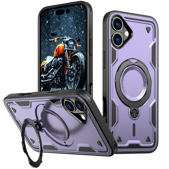ELEHOLD For iPhone 16 Plus Ergonomic Design Military Grade Shockproof Protective Case Magnetic Ring Stand Rugged Cover, Non-Slip, Support Wireless Charging, Purple