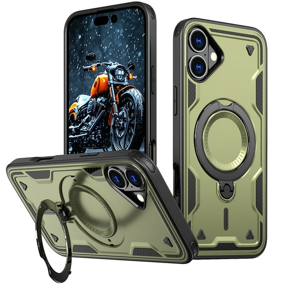 ELEHOLD For iPhone 16 Plus Ergonomic Design Military Grade Shockproof Protective Case Magnetic Ring Stand Rugged Cover, Non-Slip, Support Wireless Charging, Olivegreen