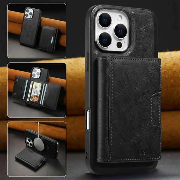 ELEHOLD For iPhone 16 Plus PU Leather Magnetic Shockproof Case, MagSafe Compatible, with Magnetic Detachable Credit Card Wallet, Kickstand Function, Black