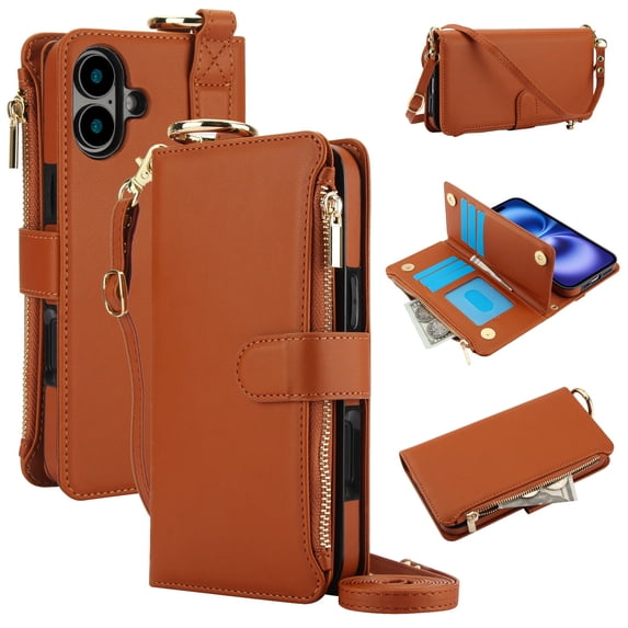 ELEHOLD For iPhone 16 Plus Phone Case Leather Crossbody Zipper Card Wallet Flip Case Kickstand Cover, with Ring Holder,Full Body Protection-Brown