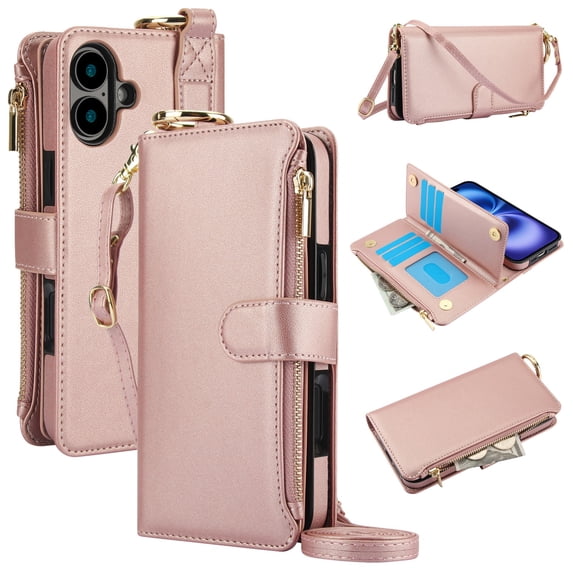 ELEHOLD For iPhone 16 Plus Phone Case Leather Crossbody Zipper Card Wallet Flip Case Kickstand Cover, with Ring Holder,Full Body Protection-Rosegold