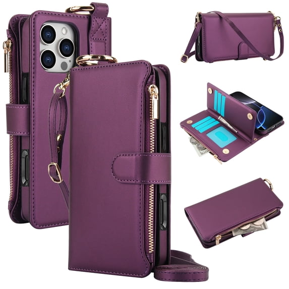 ELEHOLD For iPhone 16 Pro Phone Case Leather Crossbody Zipper Card Wallet Flip Case Kickstand Cover, with Ring Holder,Full Body Protection-Deeppurple