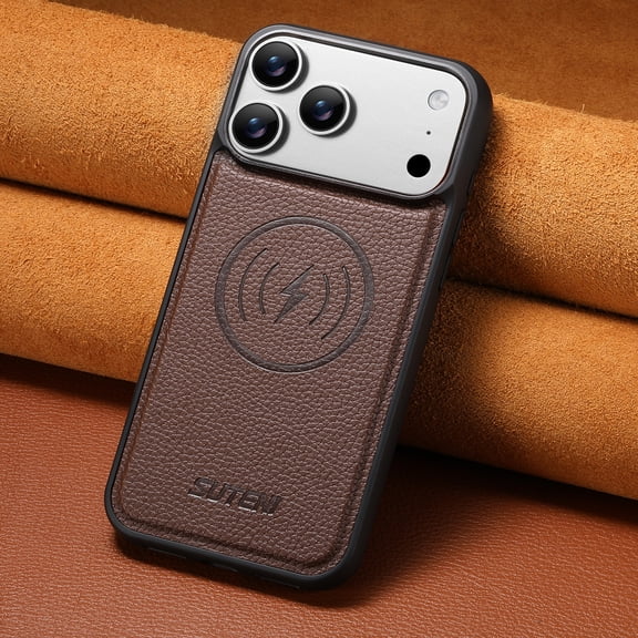 ELEHOLD For iPhone 17 Pro Leather Magnetic Case ,Shockproof PU Leather Magnetic Anti-Fingerprint Wireless Charging Cover,Brown