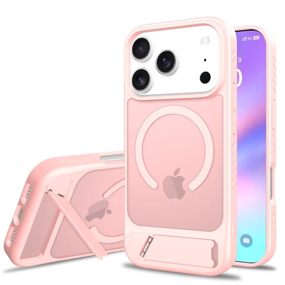 ELEHOLD For iPhone 17 Pro Magnetic Case, Invisible Kickstand Charge While Standing Shockproof Translucent Matte Soft Silicone Bumper Phone Case ,Pink