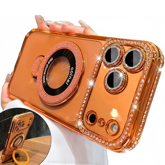 ELEHOLD For iPhone 17 Pro Magnetic Case, Plating Bling Glitter Diamond Magnetic Ring Kickstand Protective Case With Full Camera Cover ,Orange