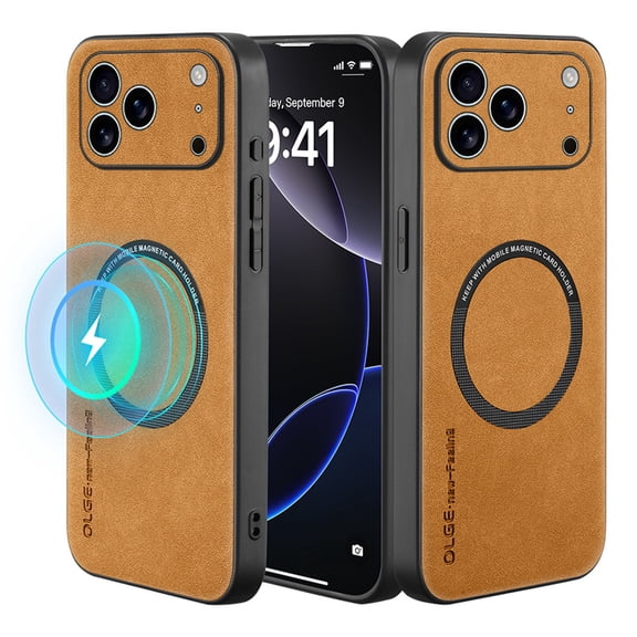 ELEHOLD For iPhone 17 Pro Magnetic Case, Shockproof Ultra Slim Luxury Leather Magnetic Drop Protection Cover Full Lens Protection, Brown