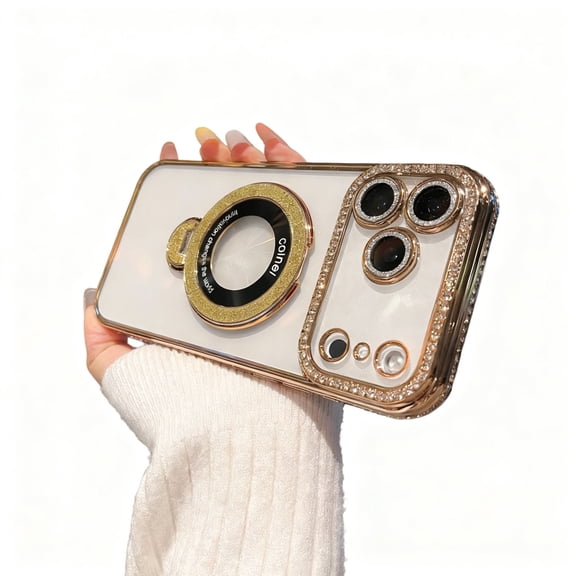 ELEHOLD For iPhone 17 Pro Max Magnetic Case, Plating Bling Glitter Diamond Magnetic Ring Kickstand Protective Case With Full Camera Cover ,Gold