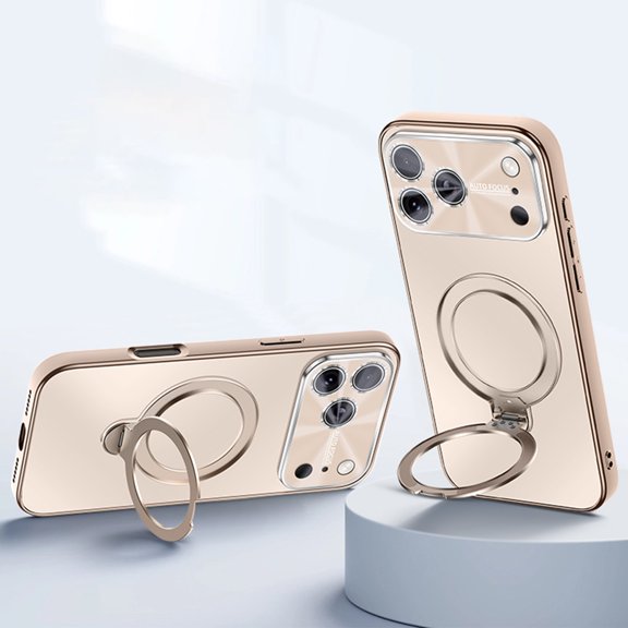 ELEHOLD For iPhone 17 Pro Max Magnetic Case With Camera Lens Protector, PC+TPU Shock-Absorbent Ring Kickstand Matte Anti-Fingerprint Cover,Gold