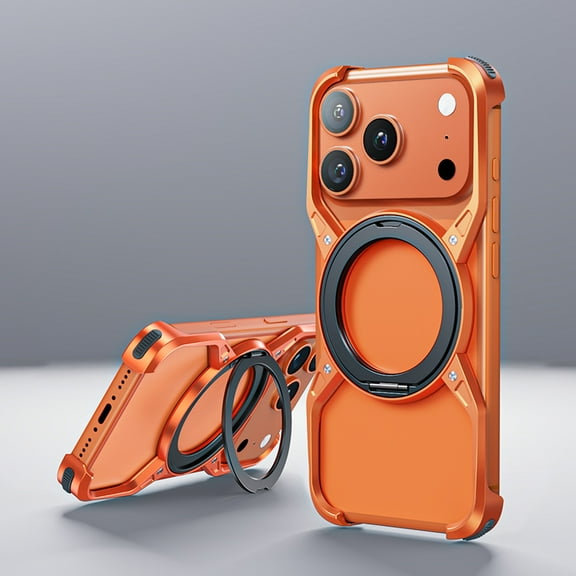 ELEHOLD For iPhone 17 Pro Max Rugged Metal Case with 360° Ring Kickstand, Shockproof Ring Stand X-shaped Aluminum Alloy Metal Frame Cover,Orange