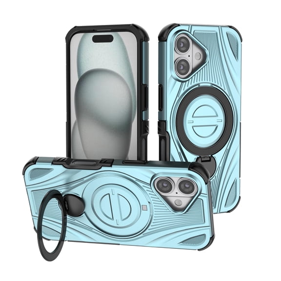 ELEHOLD For iPhone 17 Rugged Case Wireless Charging Compatible, Shock-Absorbent Magnetic 360° Ring Kickstand Non-Slip Rugged Protection Cover, Cyan