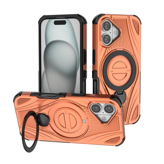 ELEHOLD For iPhone 17 Rugged Case Wireless Charging Compatible, Shock-Absorbent Magnetic 360° Ring Kickstand Non-Slip Rugged Protection Cover, Orange