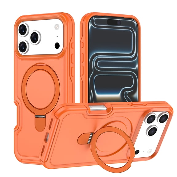 ELEHOLD For iPhone 17 Rugged Case Wireless Charging Friendly, Dual-Layer PC+TPU Shockproof Magnetic Ring Kickstand Protective Cover, Orange