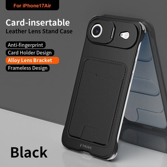 ELEHOLD For iPhone Air Frameless Wallet Case with Camera Kickstand, Silm Rugged Aluminum Metal Card Slot Wallet Cover,Black