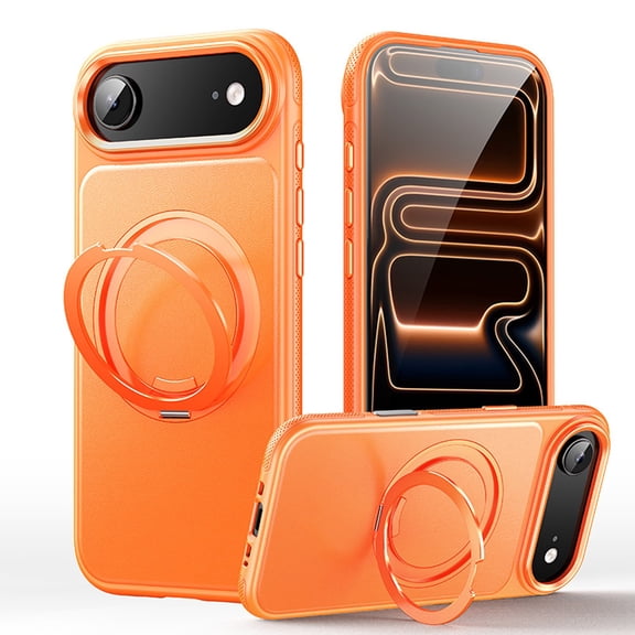ELEHOLD For iPhone Air Magnetic Case, Wireless Charging Compatible, Luxury PU Leather Business Shockproof 360° Rotating Ring Kickstand Cover,Orange