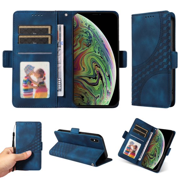 ELEHOLD For iPhone XR Leather Wallet Phone Case, Embossed Diamond Folio Flip Cover, Card Holder Cash Slot, Stand Support, Wrist Strap Lanyard -Blue