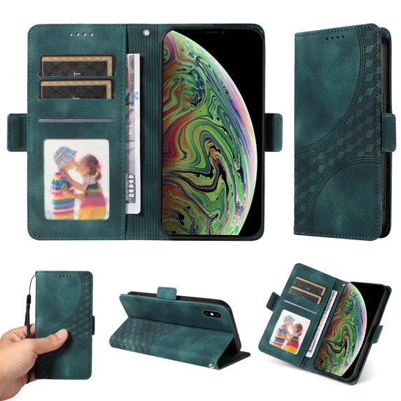 ELEHOLD For iPhone XR Leather Wallet Phone Case, Embossed Diamond Folio Flip Cover, Card Holder Cash Slot, Stand Support, Wrist Strap Lanyard -Green