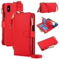 thumbnail image 1 of ELEHOLD For iPhone XR Phone Case Leather Crossbody Zipper Card Wallet Flip Case Kickstand Cover, with Ring Holder,Full Body Protection-Red, 1 of 7