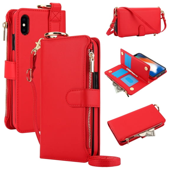 ELEHOLD For iPhone XR Phone Case Leather Crossbody Zipper Card Wallet Flip Case Kickstand Cover, with Ring Holder,Full Body Protection-Red
